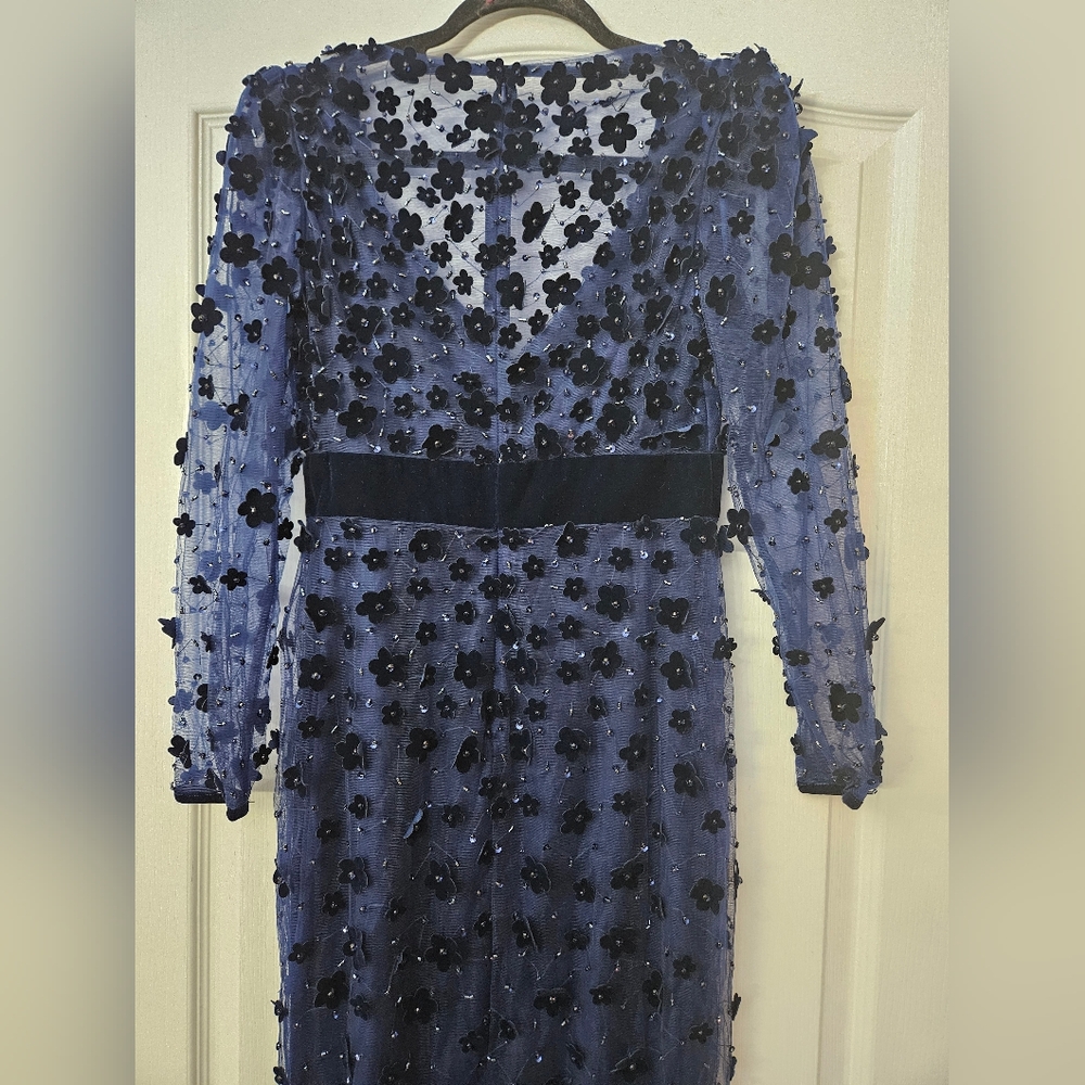 Mac Duggal Navy Embellished V Neck Illusion Long Sleeve Column Midi SZ 4 NWT - Picture 9 of 11